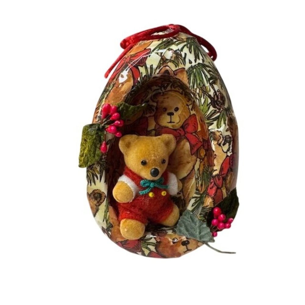Vintage Teddy Bear Egg-Shaped Ornament With Red Accents & Hanging Ribbon